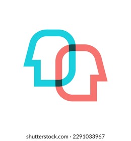 Dos perfiles de línea conectados de personas, un logotipo mínimo abstracto. Psicología, interacción, icono de comunicación lineal