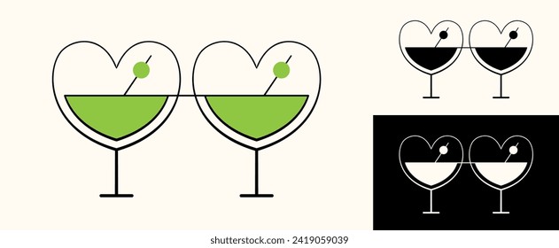 Two connected martini glasses in the shape of a heart. Simple clip art, two isolated drinks in a glass. Graphic design element for logo, icon, brand sign, other. Vector illustration.