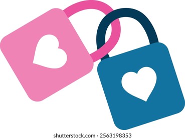 Two Connected Padlocks with Hearts in Blue and Pink Colors