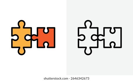 Duas peças de quebra-cabeça conectadas em cores e contorno, adequadas para trabalho em equipe, parcerias e conceitos de resolução de problemas. Colaboração, conexão, conclusão, correspondência, conceito gráfico vetorial de soluções