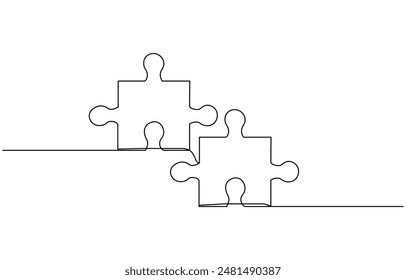 Two connected puzzle pieces of one continuous line drawn. Jigsaw puzzle element. Vector illustration. Three puzzle pieces of one continuous line drawn. One hand-drawn line of jigsaw puzzle element.