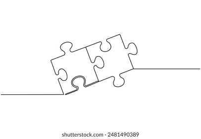 Two connected puzzle pieces of one continuous line drawn. Jigsaw puzzle element. Vector illustration. Three puzzle pieces of one continuous line drawn. One hand-drawn line of jigsaw puzzle element.