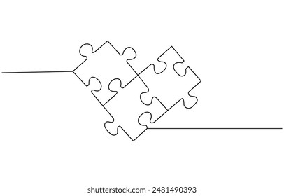 Two connected puzzle pieces of one continuous line drawn. Jigsaw puzzle element. Vector illustration. Three puzzle pieces of one continuous line drawn. One hand-drawn line of jigsaw puzzle element.