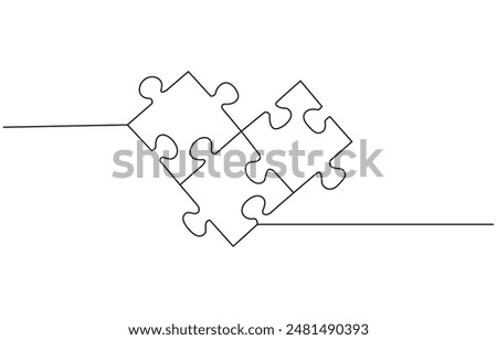 Two connected puzzle pieces of one continuous line drawn. Jigsaw puzzle element. Vector illustration. Three puzzle pieces of one continuous line drawn. One hand-drawn line of jigsaw puzzle element.