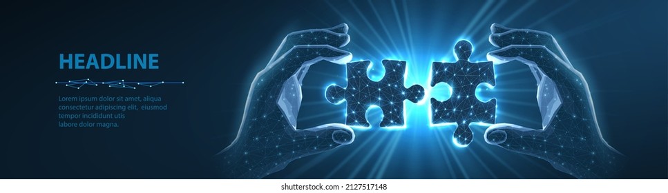 Two connected puzzles and two hands. Partner collaborate, cooperate implement, digital solution, puzzle jigsaw, company merge, matching connection, business collaborate, partnership, teamwork concept.