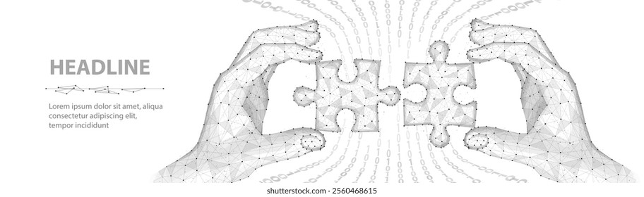 Two connected puzzles and two hands. Partner collaborate, cooperate implement, digital solution, puzzle jigsaw, company merge, matching connection, business collaborate, partnership, teamwork concept.