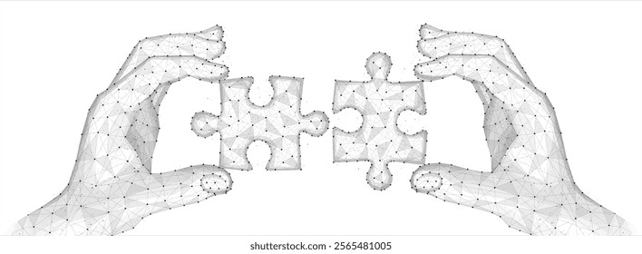 Two connected puzzles and two hands. Partner collaborate, cooperate implement, digital solution, puzzle jigsaw, company merge, matching connection, business collaborate, partnership, teamwork concept.