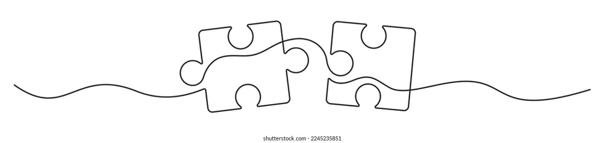 Dos acertijos conectados de línea de arte. Piezas de jigsaw siguen dibujando una línea. Vector aislado en blanco.