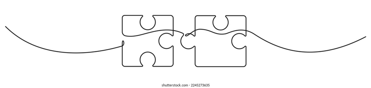 Two connected puzzles line art. Jigsaw pieces continuous one line drawing. Vector isolated on white.