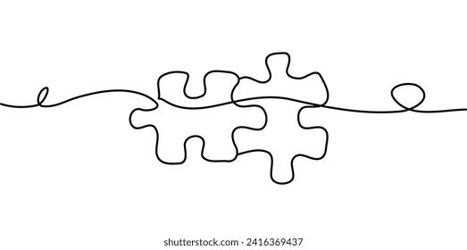 Dos acertijos conectados de línea de arte. Piezas de jigsaw siguen dibujando una línea. Vector aislado en blanco.