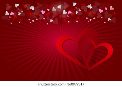 Two connected red hear frames are in the right side of the vector. Small pink and red hearts are above them. Everything is on a red background with rays of light in the middle of the vector.
