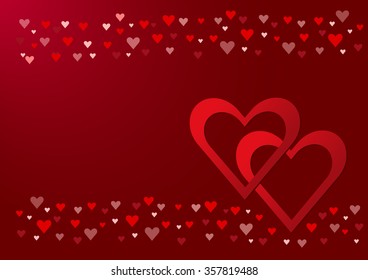 Two connected red hearts frames are in the right side of the vector. Many small red and pink hearts are above and below them. Everything is on a red background with light in the upper left corner.