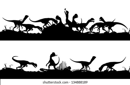 Two consecutive editable vector silhouettes of Dilophosaurus dinosaurs feeding on prey with dinosaurs as separate objects