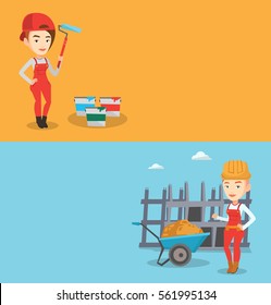 Two construction banners with space for text. Vector flat design. Horizontal layout. Builder giving thumb up. builder with thumb up standing near wheelbarrow. Builder at work on construction site.