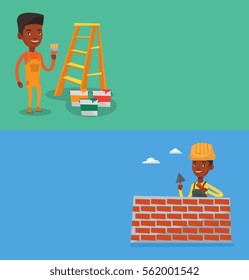 Dois banners de construção com espaço para texto. Design plano vetorial. Layout horizontal. Pintor africano segurando um pincel. Pintor de casa com pincel em mãos. Conceito de renovação de casas.