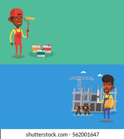Two construction banners with space for text. Vector flat design. Horizontal layout. Painter in uniform holding paint roller in hands. Young cheerful painter at work. Painter standing near paint cans.