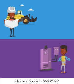 Two construction banners with space for text. Vector flat design. Horizontal layout. Engineer watching a blueprint at construction site. Engineer with blueprint standing on the background of excavator