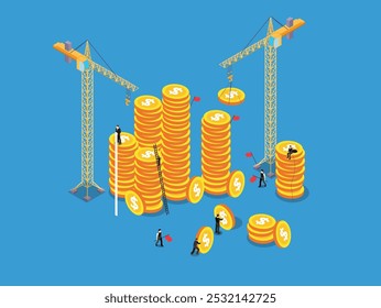 Dos grúas de construcción están levantando monedas en la pila, mientras que los trabajadores en el suelo también están agregando monedas Ilustración vectorial isométrica 3D