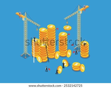 Two construction cranes are lifting coins onto the stack, while workers on the ground are also adding coins 3d isometric vector illustration