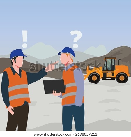 two construction engineers wearing safety helmets and reflective vests discussing a project at a construction site