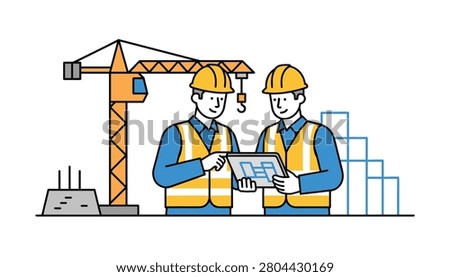 Two construction engineers wearing yellow hard hats and safety vests reviewing digital blueprints on a tablet at a building construction site.