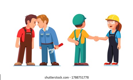 Two construction worker mans standing clashing colliding heads in fight. Interpersonal relationship conflicts. Lies and deceit of dishonest employee person. Flat vector character illustration set