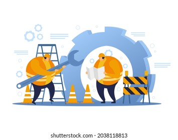 Two construction worker planning to build building. Construction worker flat design.