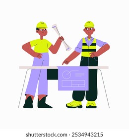 Dos Trabajadores De La Construcción Con El Proyecto Y El Tubo Discutiendo Planes De Construcción En Ilustración vectorial Plana Que Simbolizan El Trabajo En Equipo, La Ingeniería Y El Desarrollo Urbana, Aislados Sobre Fondo Blanco