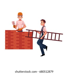Two construction workers, builders - one building brick wall, another carrying ladder, cartoon vector illustration isolated on white background. full length portrait of two construction site workers