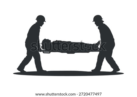 Two construction workers carefully carrying an injured colleague on a makeshift stretcher