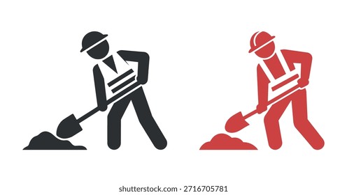 Two construction workers depicted in silhouette style one in black and one in red are actively digging with shovels high quality