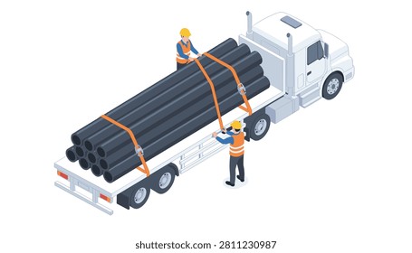 Two construction workers fastening black pipes on a flatbed truck trailer using heavy duty orange straps for transport.