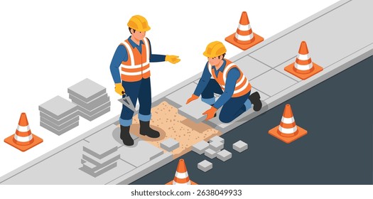 Two construction workers fixing broken sidewalk tiles with tools and safety gear during pavement maintenance in urban area isometric cartoon