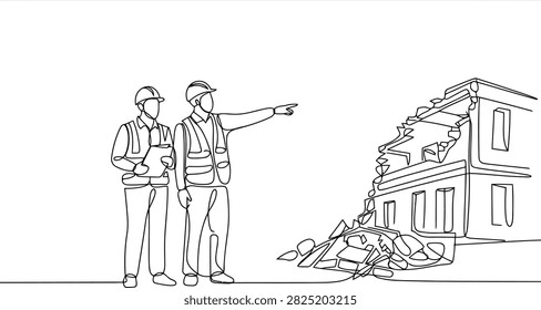 Two construction workers in hard hats and vests inspecting a damaged Transparent Background