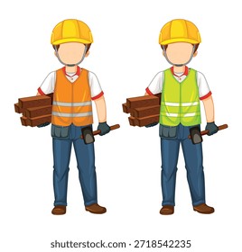 Two construction workers holding wood planks and hammers