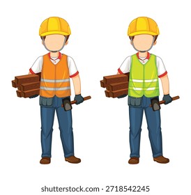 Two construction workers holding wood planks and hammers