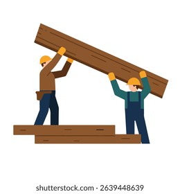 Two construction workers lifting a heavy wooden beam, wearing hard hats and gloves.