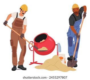 Dos trabajadores de la construcción de carácter masculino están ocupados en el sitio de mezcla de hormigón en el mezclador. Los Constructores Que Usan Ropa De Trabajo, Sombreros Y Botas Utilizan Herramientas Para Trabajar En El Sitio De Construcción. Ilustración vectorial de Personas de dibujos animados