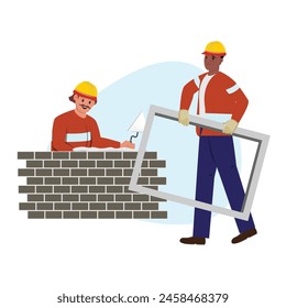 Two construction workers, one is carrying a window while the other lays bricks and holds a trowel