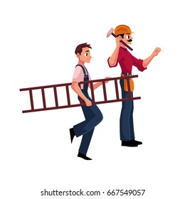 Two construction workers - one driving nail with hammer, another carrying ladder, cartoon vector illustration isolated on white background. Full length portrait of two construction site workers