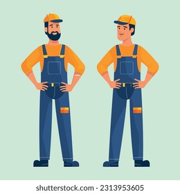 two construction workers in overalls and beards standing, in the style of distinctive character design, flat perspective, light navy and orange, handsome