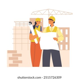 Dos trabajadores de la construcción revisando un plano en un sitio de construcción. Ilustración vectorial de estilo de diseño plano. Aislado sobre fondo blanco. Adecuado para la arquitectura y los conceptos de construcción.