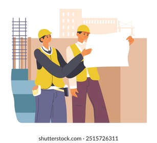 Two construction workers reviewing a blueprint on a construction site. Flat design style vector illustration. Isolated on white background. Suitable for architecture and building concepts.