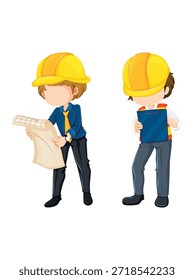 Dos obreros de la construcción revisando Planes y un Portapapeles