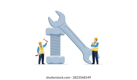 Two construction workers in safety vests stand near a giant metal bolt and a large wrench on a white background industrial maintenance.