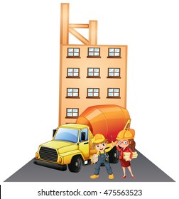Dos obreros de la construcción en la ilustración del lugar