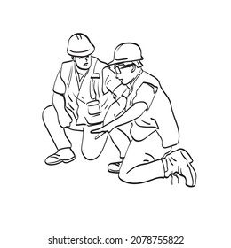 Two Construction Workers Talking In Hard Hats Illustration Vector Isolated On White Background Line Art.