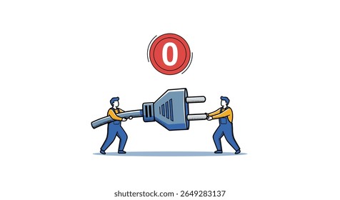 Two construction workers in uniform struggle to connect a large electrical plug symbolizing overcoming technical challenges