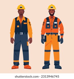 two construction workers who are dressed in their helmet and orange vest, industrial machinery, industrial technological