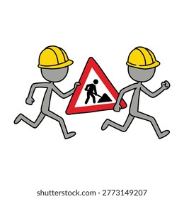 Two construction workers in yellow hard hats running with a roadwork sign, indicating urgent maintenance or repair work.